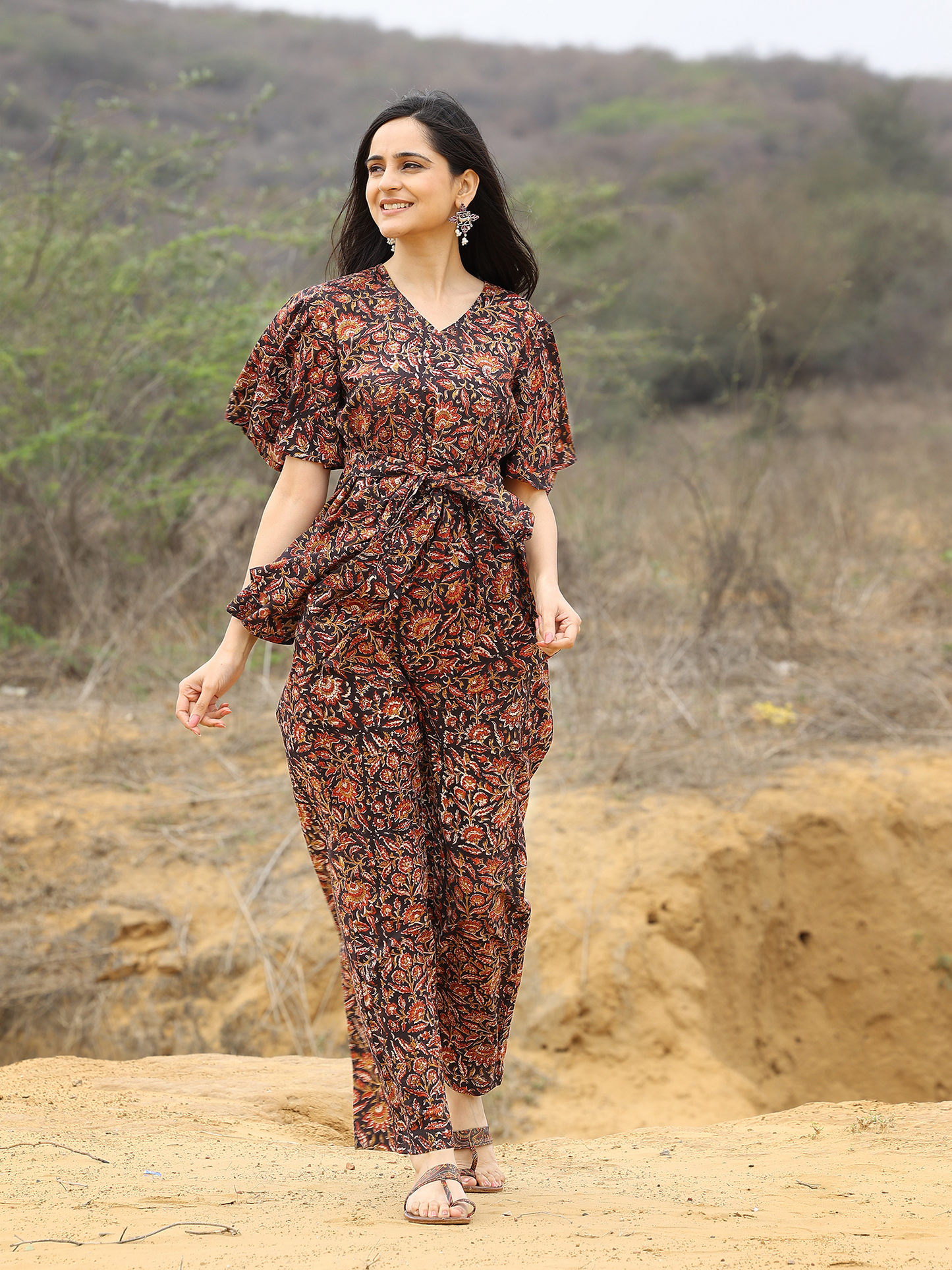 Black Kalamkari Printed Frilled Sleeve Cotton Co-ord Set