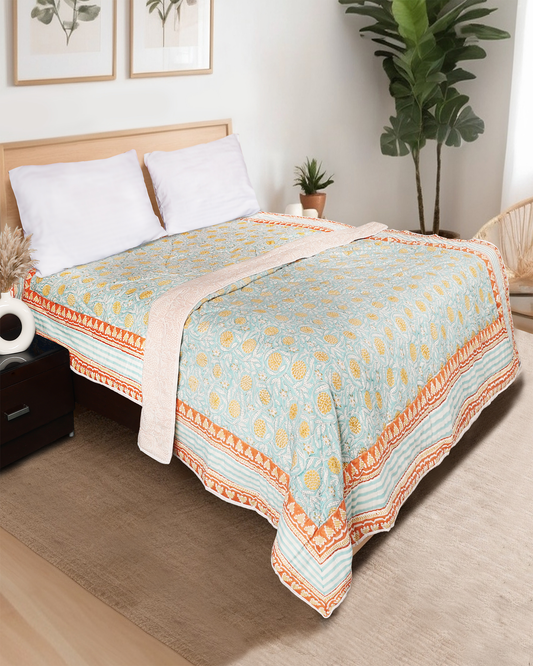 Light Blue Hand Block Printed Reversible Single Quilt Set