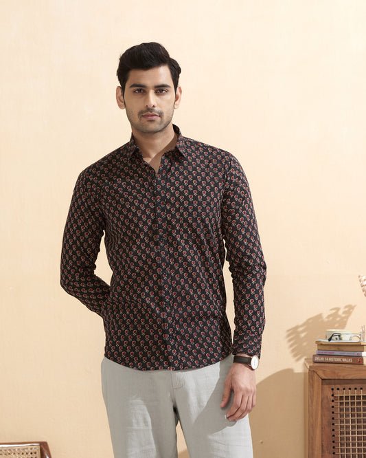 Black Cotton Handblocked Printed Shirt