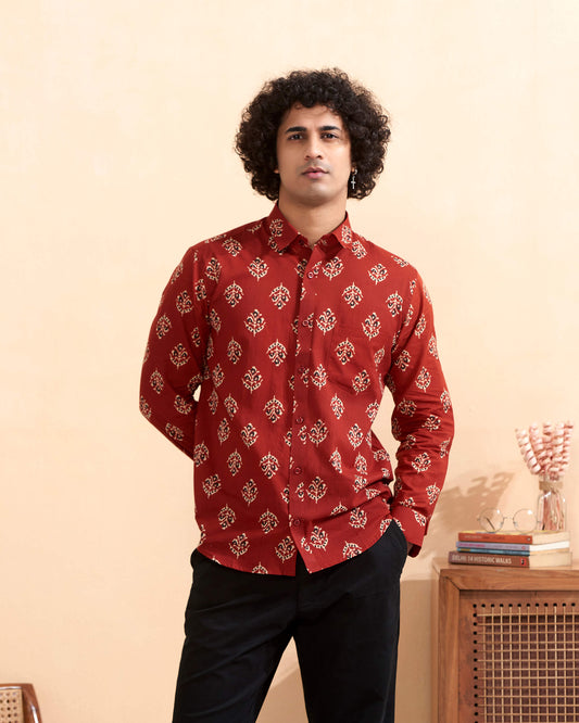 Red Cotton Handblocked Casual Shirt