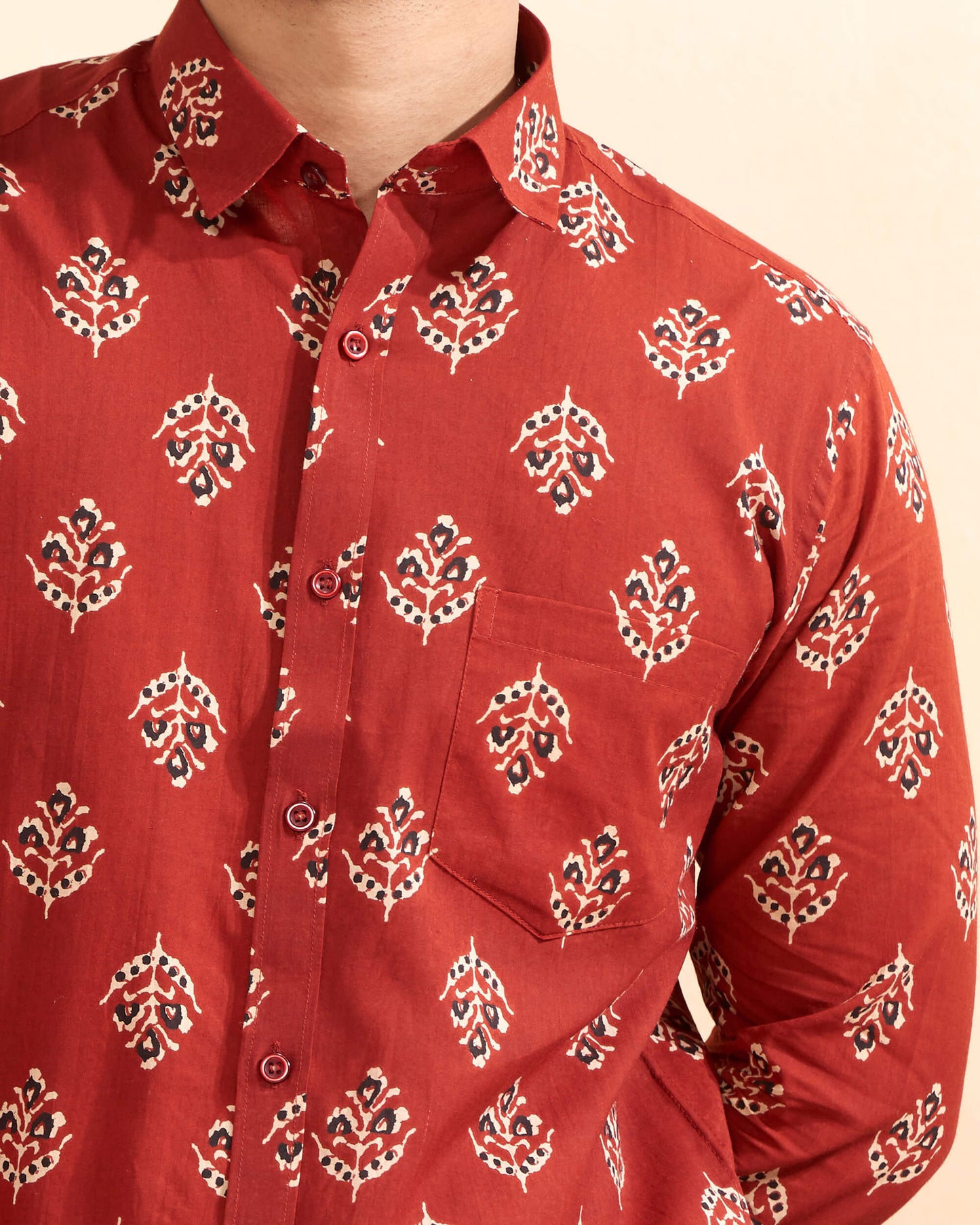 Red Cotton Handblocked Casual Shirt