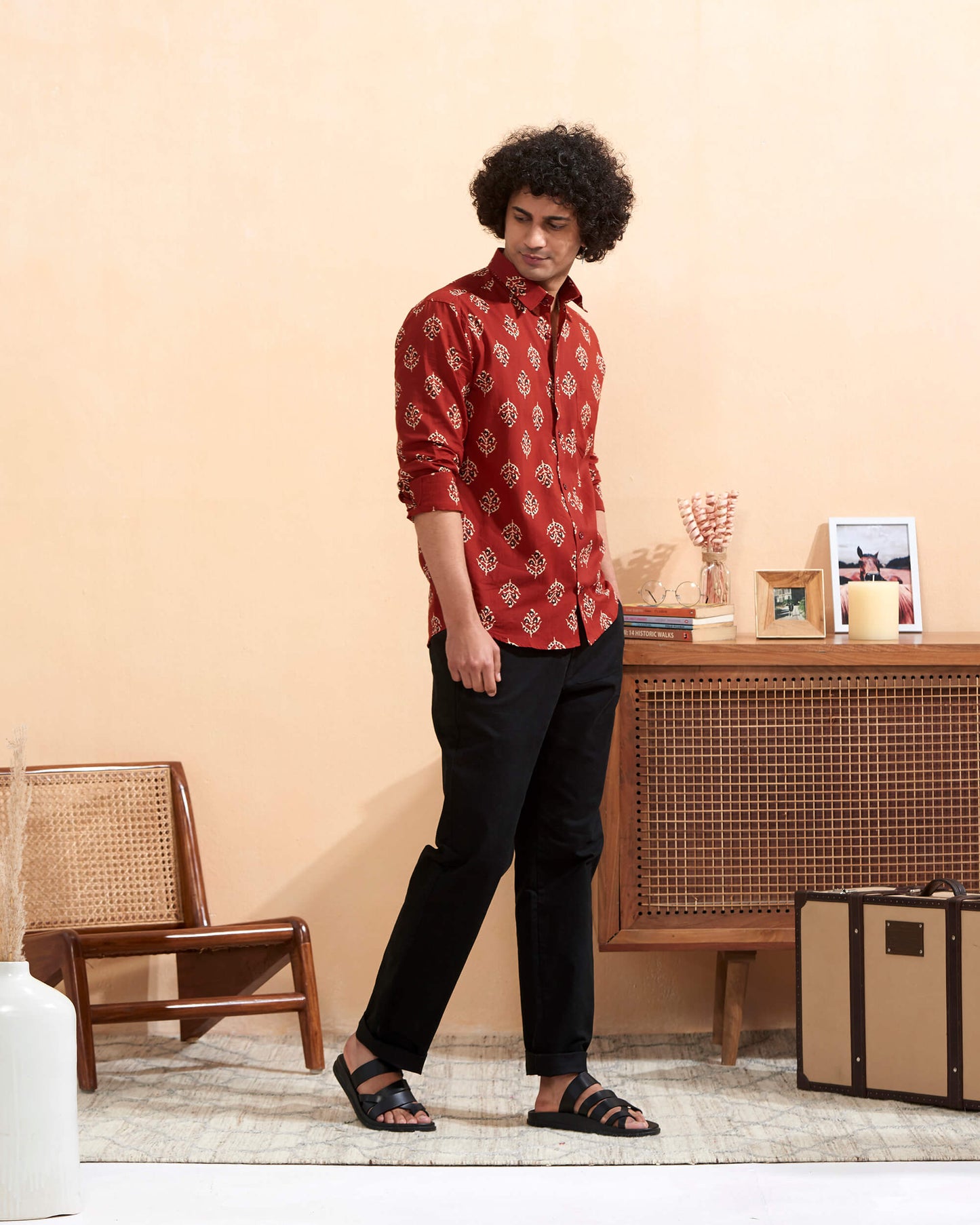 Red Cotton Handblocked Casual Shirt