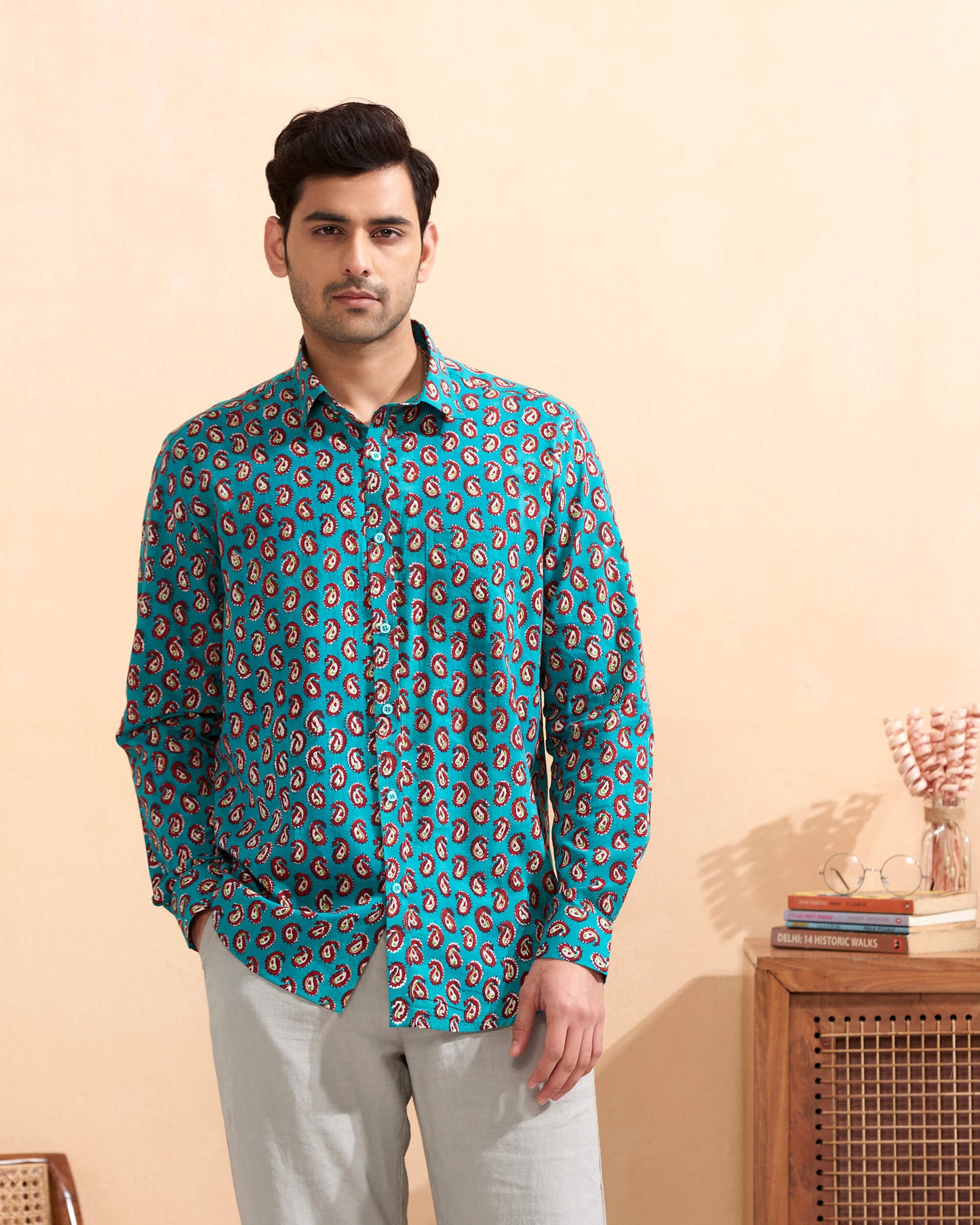 Teal Handblocked Printed Cotton Shirt