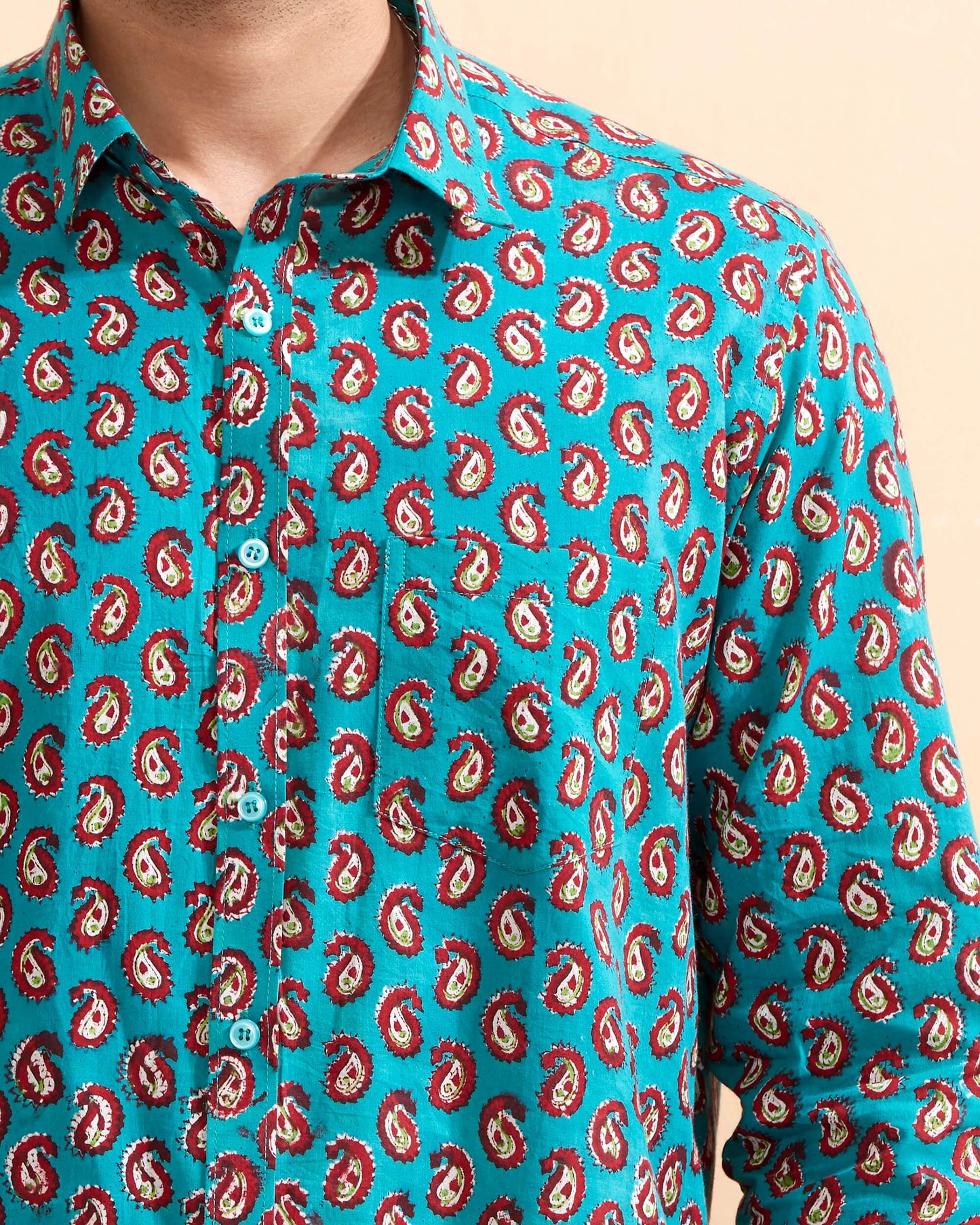 Teal Handblocked Printed Cotton Shirt