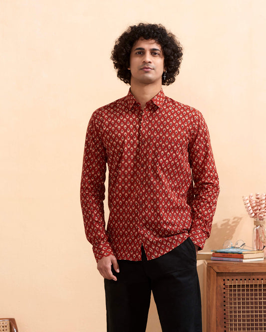 Red Cotton Handblocked Printed Shirt