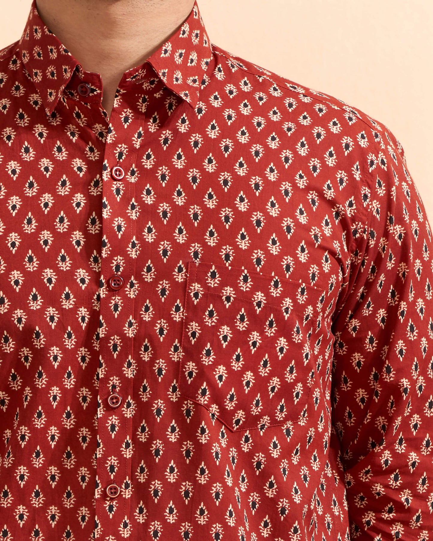 Red Cotton Handblocked Printed Shirt