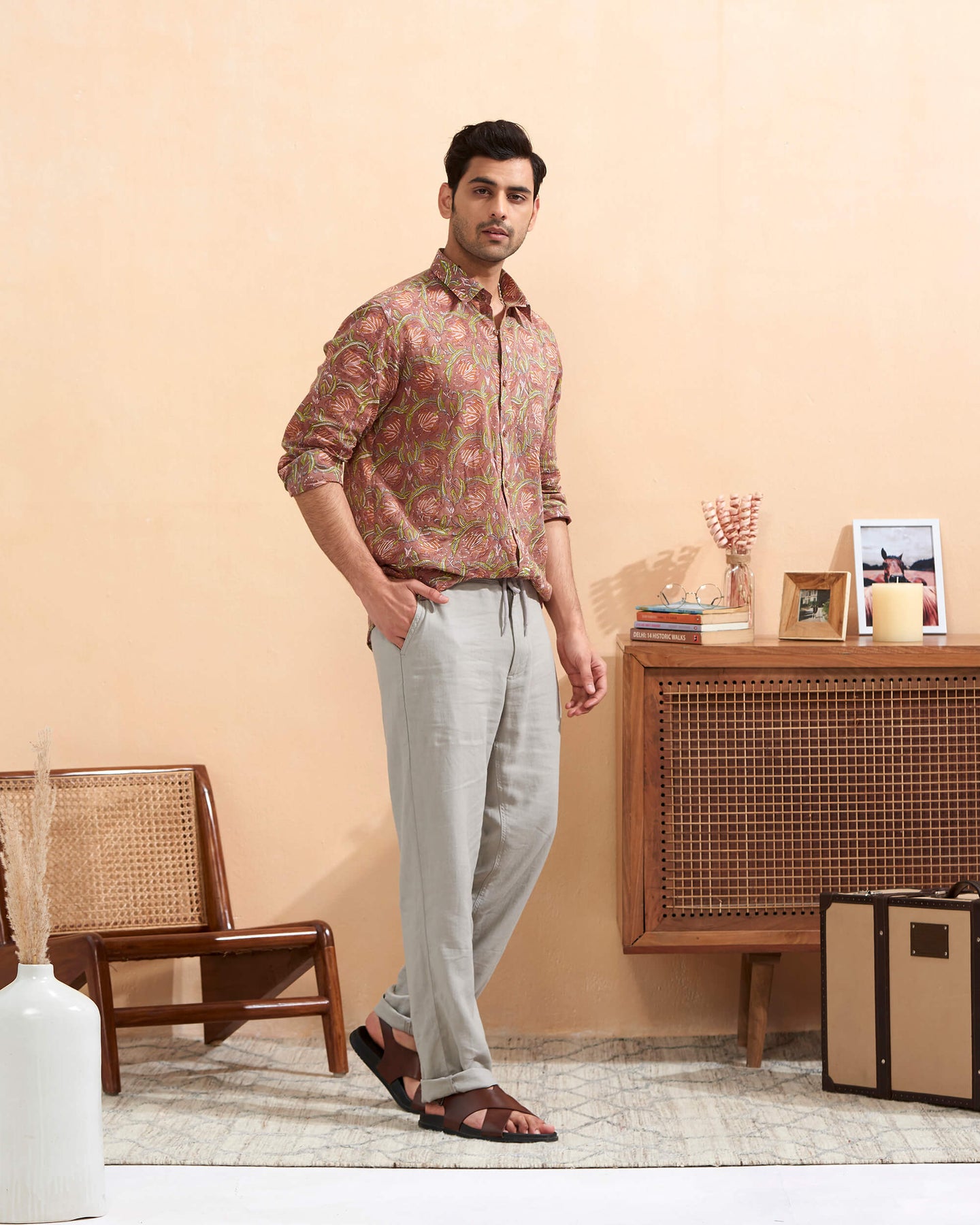 Light Brown Full Sleeve Hand Block Printed Shirt