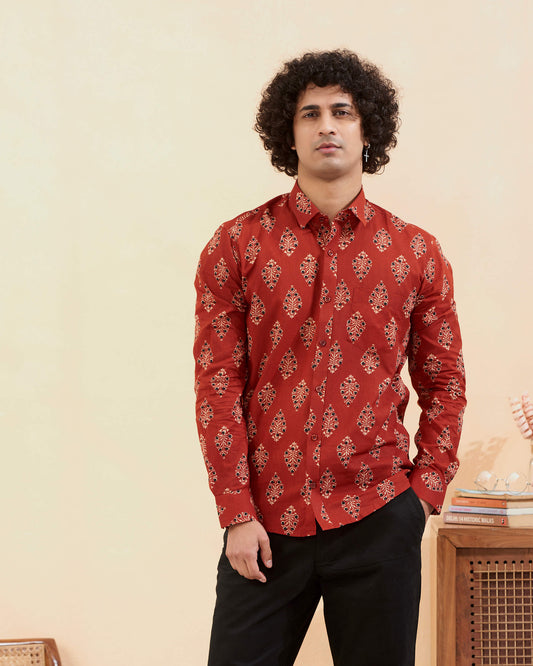 Red Cotton Handblocked Printed Shirt