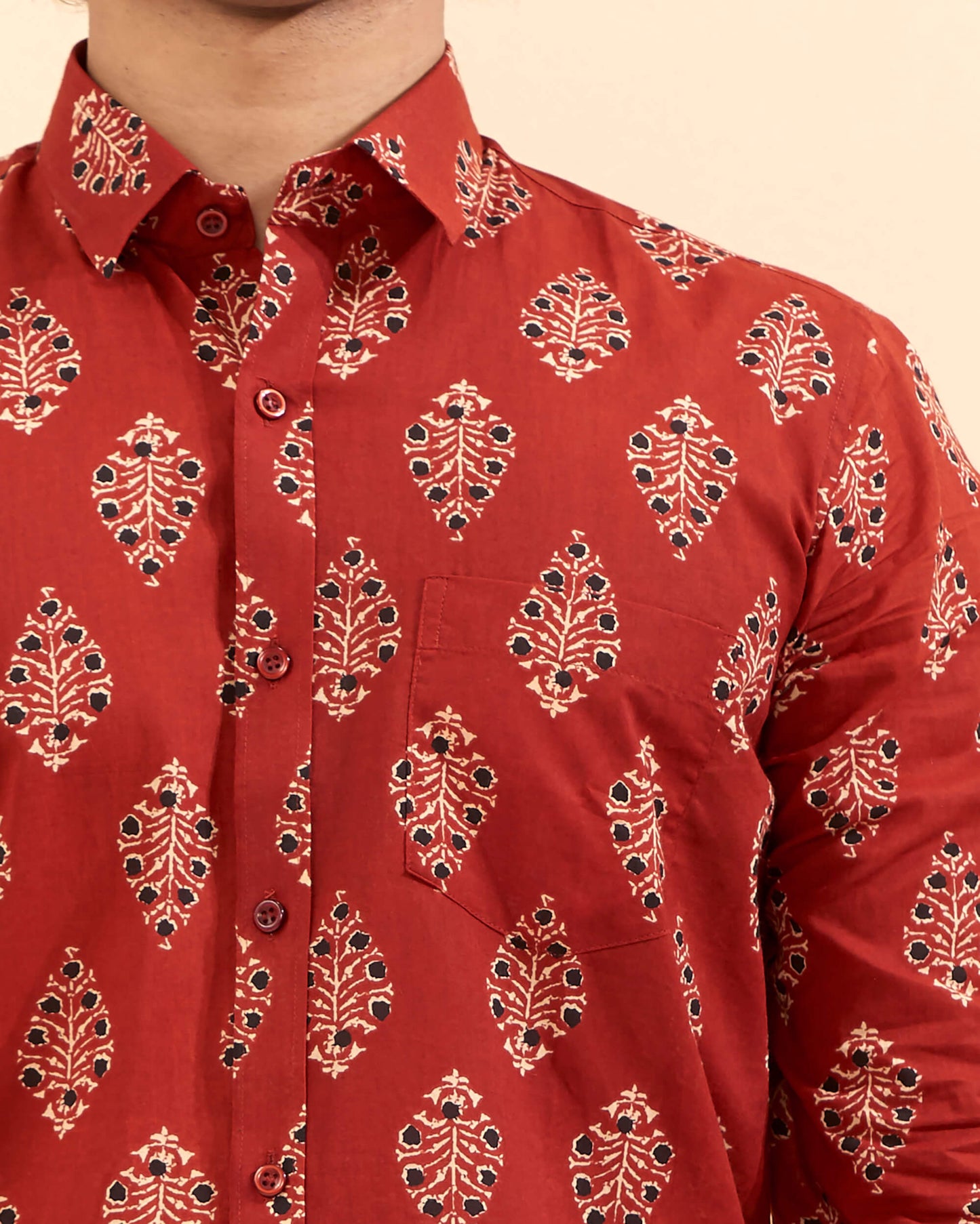 Red Cotton Handblocked Printed Shirt