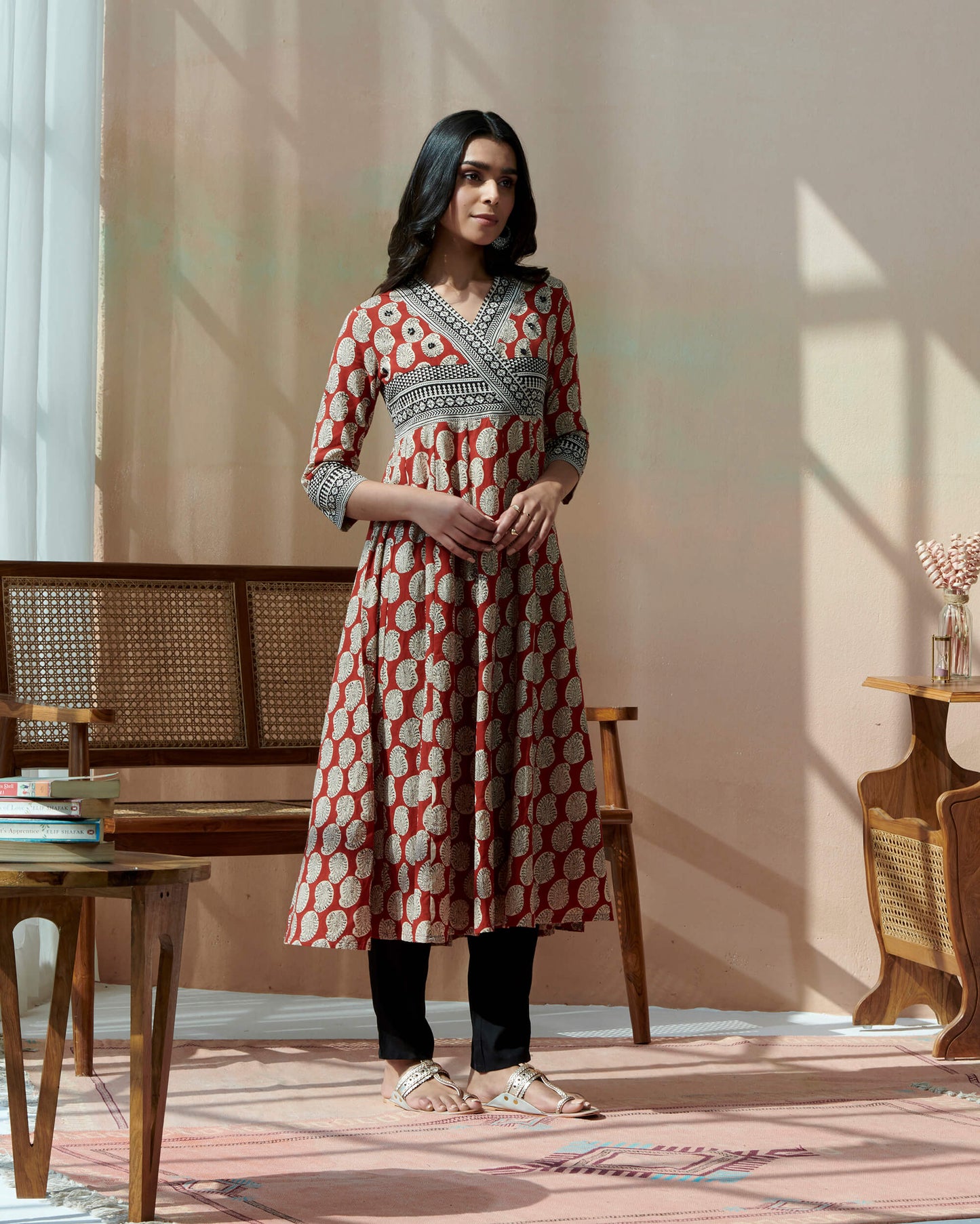 Handblocked Bagru Printed Kurta With Hand Emb