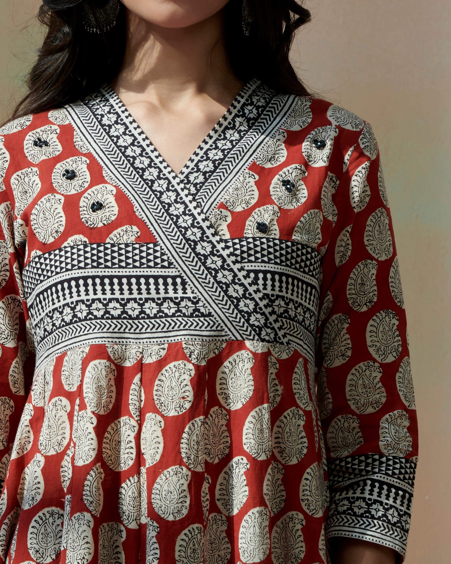 Handblocked Bagru Printed Kurta With Hand Emb