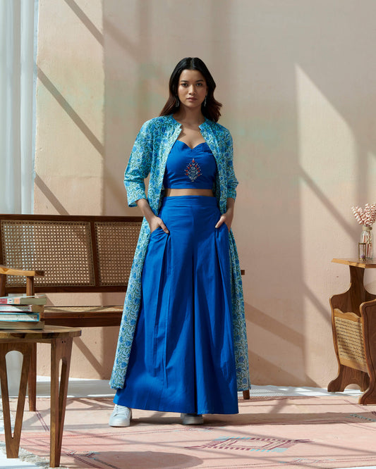 Hand Block Kalamkari Printed Jacket With Rayon Pleated Stylish Loose Pant Top With Hand Emb