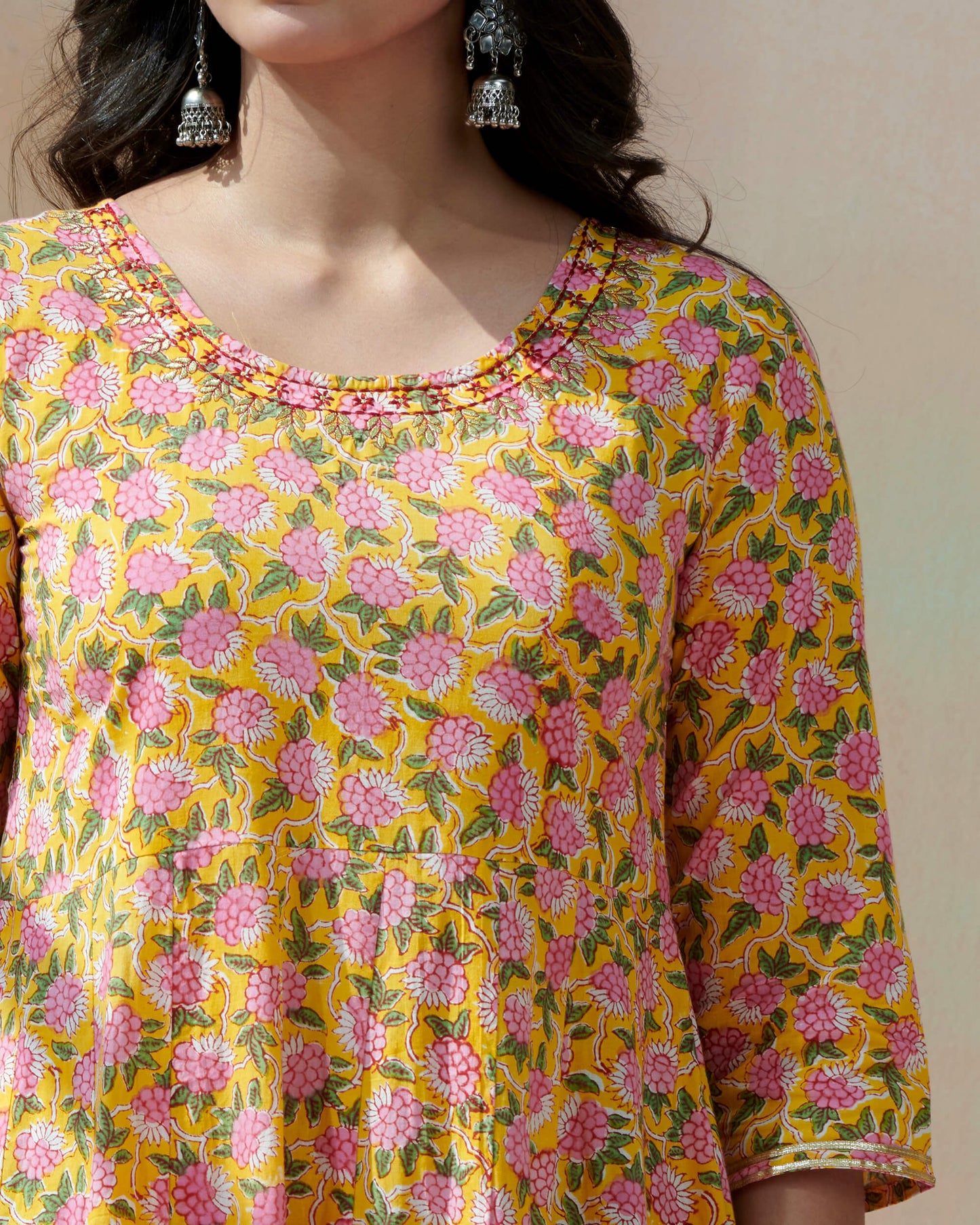 Handblocked Bagru Printed Kurta Neck Emb. With Gotta Lace