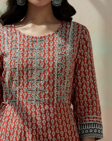 Hand Block Bagru Printed Tiered Dress With Emb At Yoke