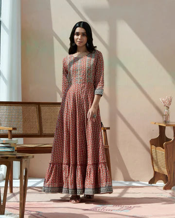 Hand Block Bagru Printed Tiered Dress With Emb At Yoke