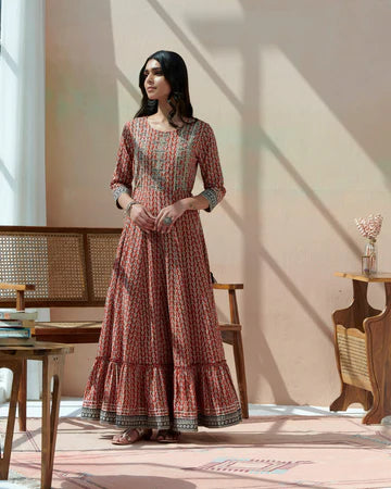 Hand Block Bagru Printed Tiered Dress With Emb At Yoke