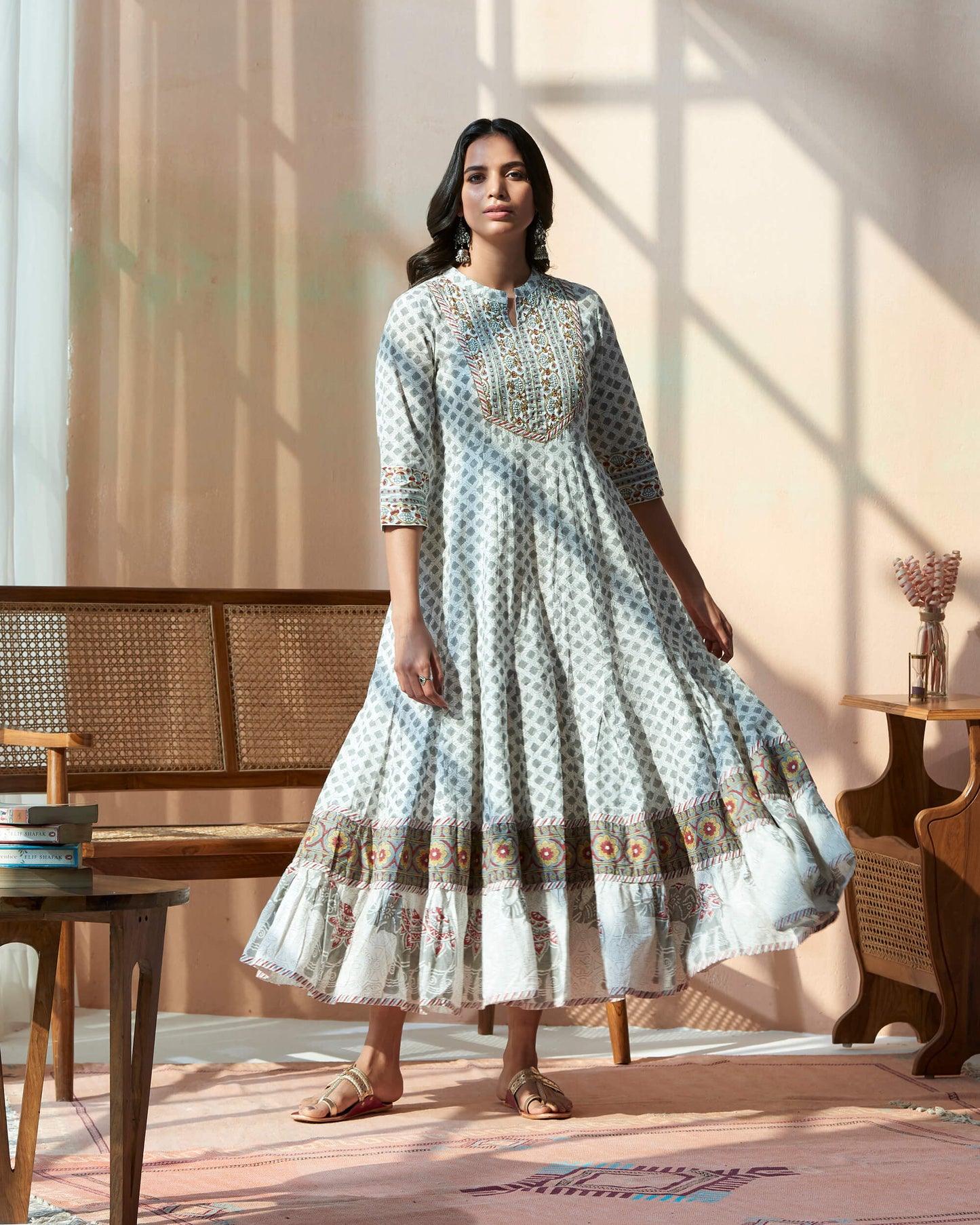 Hanblocked Bagru Printed Anarkali Kurta With Hand Emb On Yoke