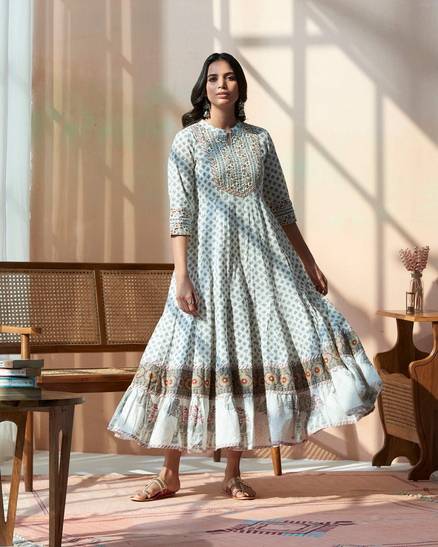 Light Blue Hand Block Bagru Printed Cotton Anarkali Kurta With Hand Emb On Yoke