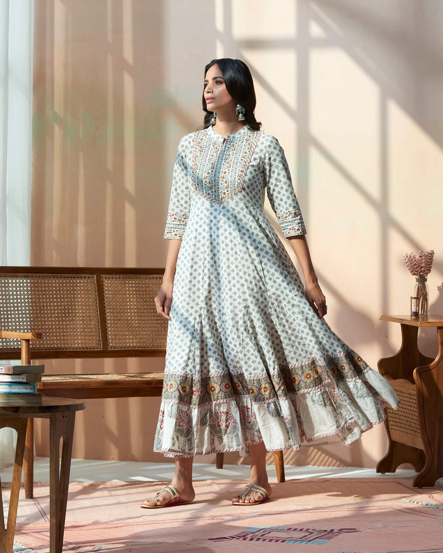 Hanblocked Bagru Printed Anarkali Kurta With Hand Emb On Yoke