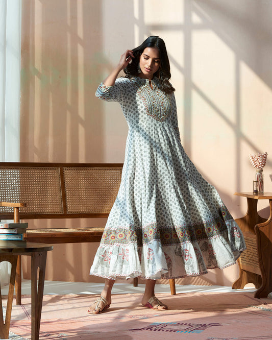 Hanblocked Bagru Printed Anarkali Kurta With Hand Emb On Yoke