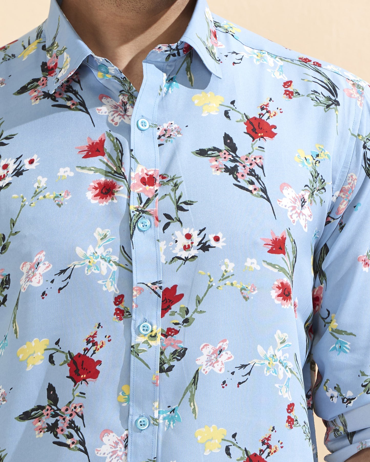 Sky Blue Crape Casual Printed Shirt