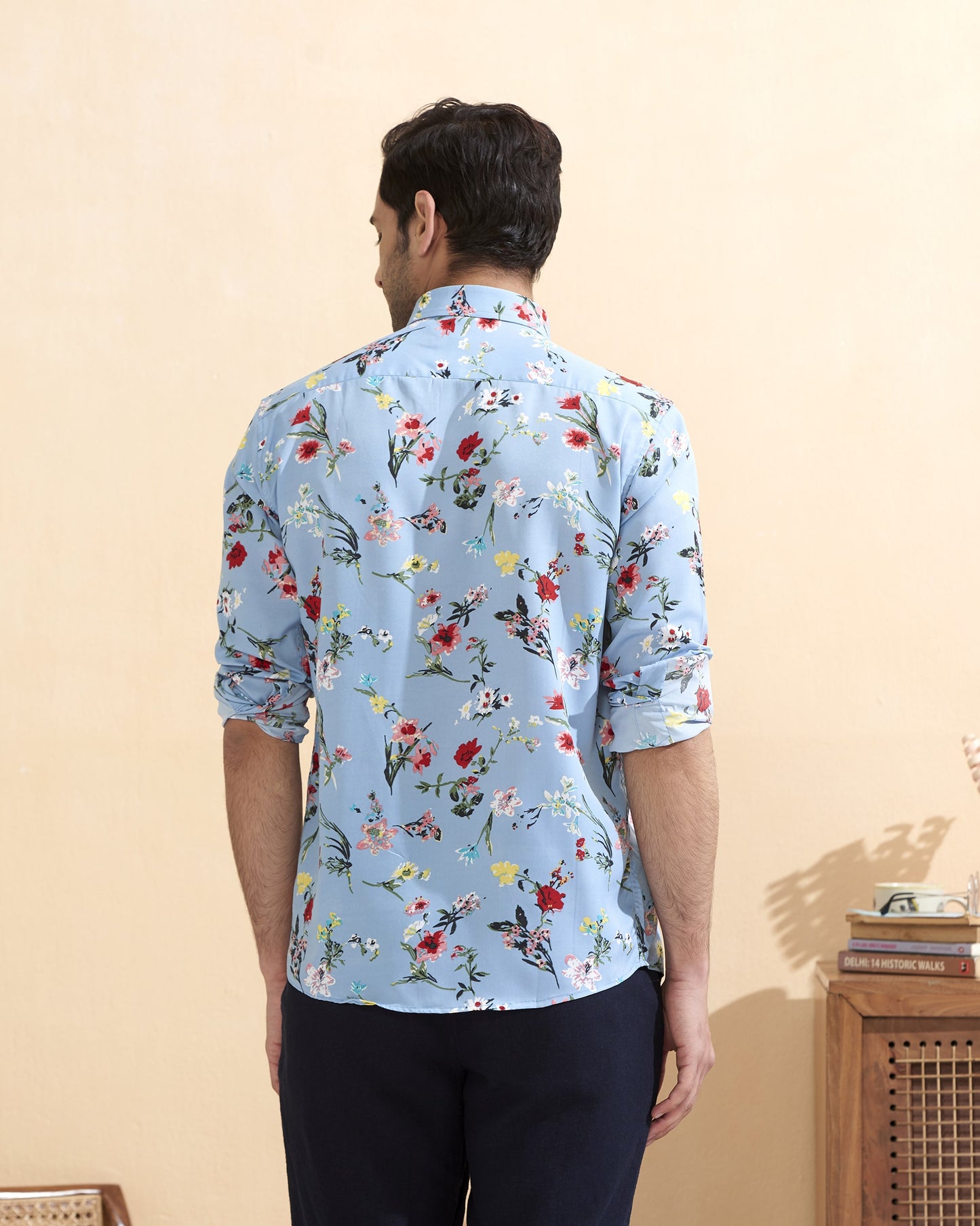 Sky Blue Crape Casual Printed Shirt