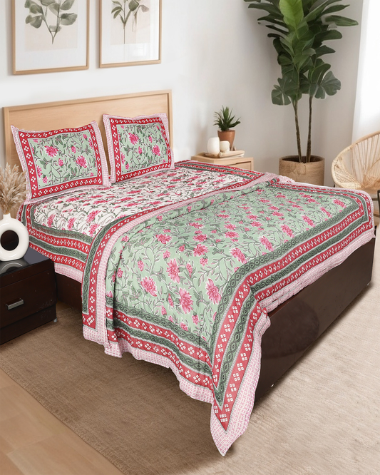 Light Green Hand Block Printed Reversible Double Bed Quilt Set