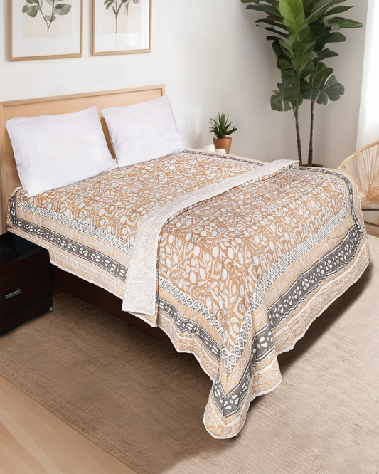 Light Brown Hand Block Printed Reversible Single Quilt Set | Set of 2 PCS