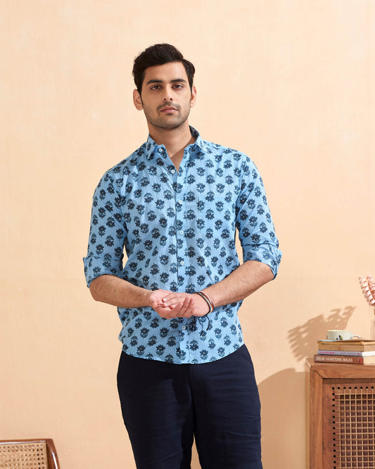 Blue Cotton Handblocked Printed Shirt