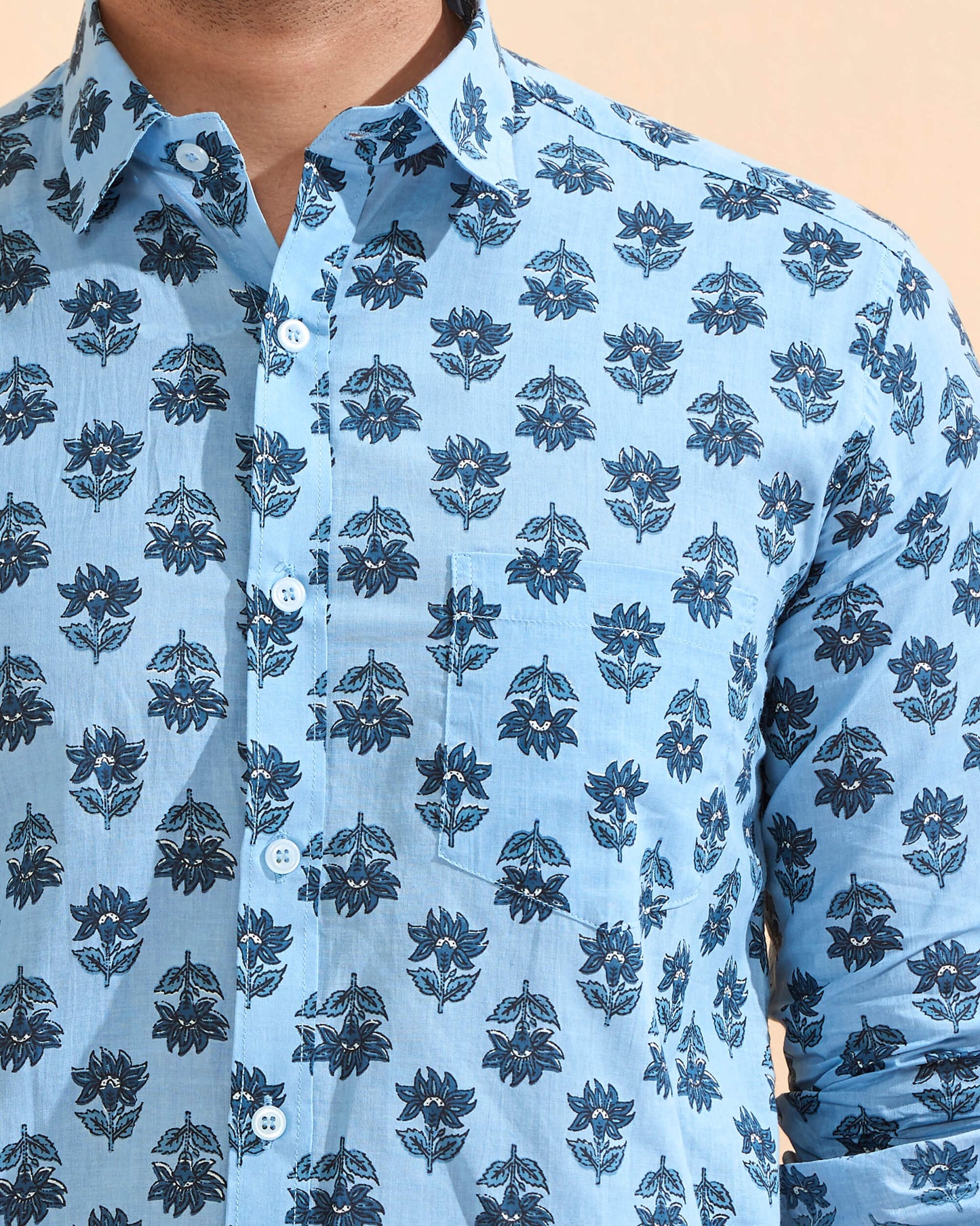 Blue Cotton Handblocked Printed Shirt