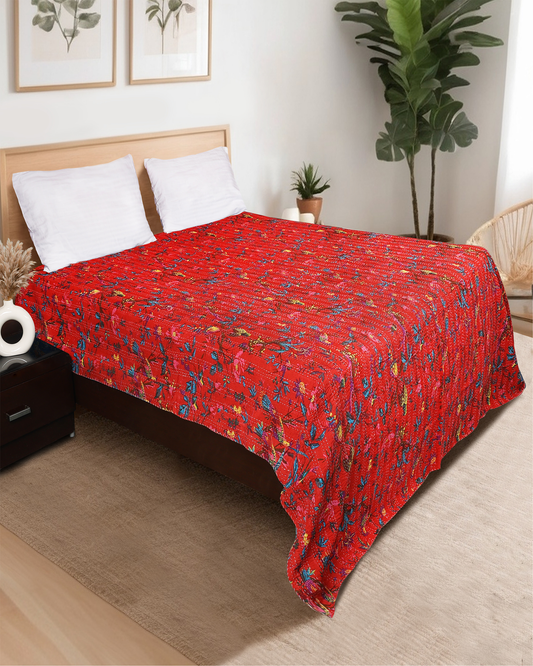 Red Handblocked Printed Hand Kantha Double Bed Dohar/Bed Cover