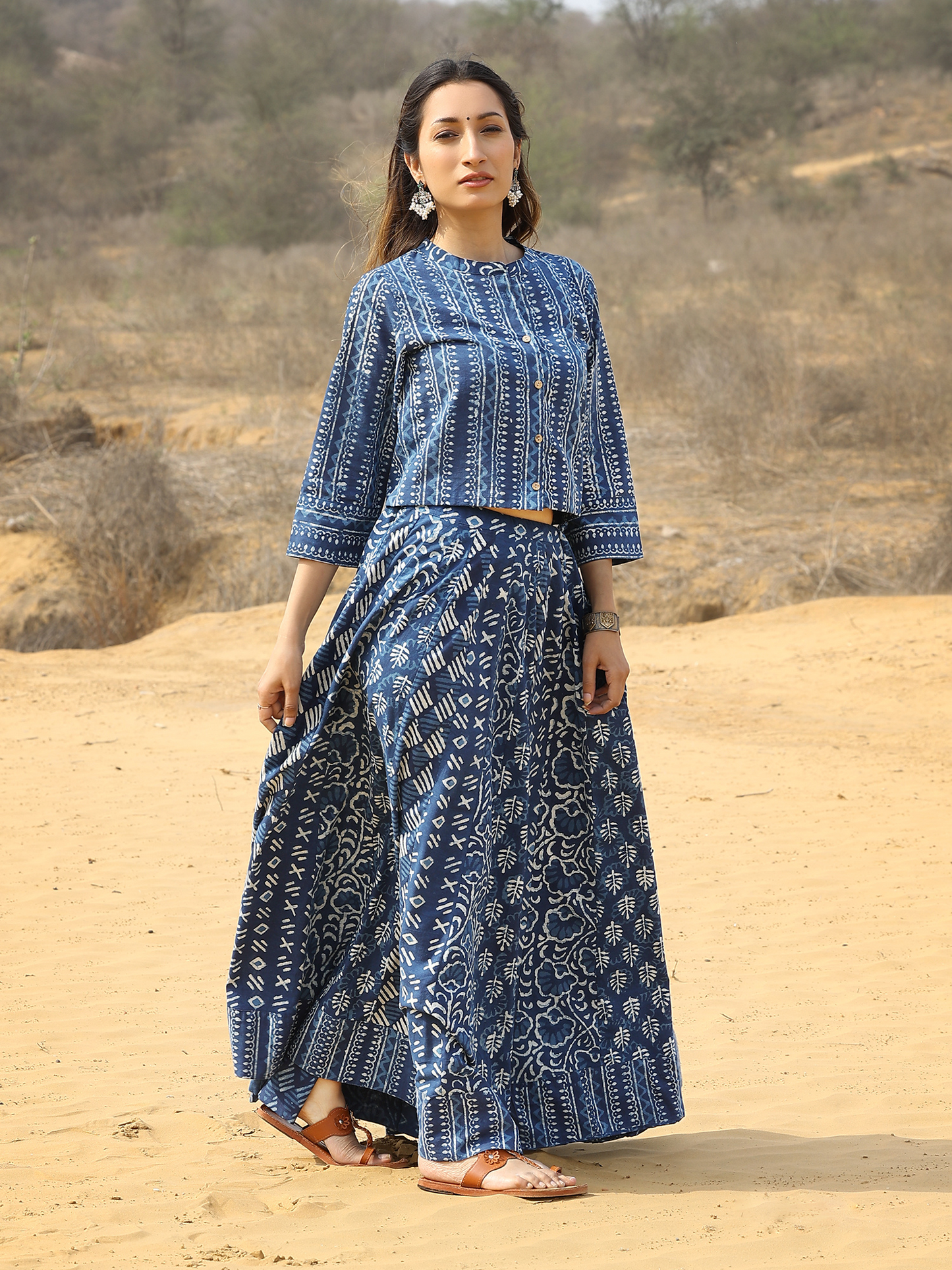 Blue Dabu Print Cotton Skirt and Top Set