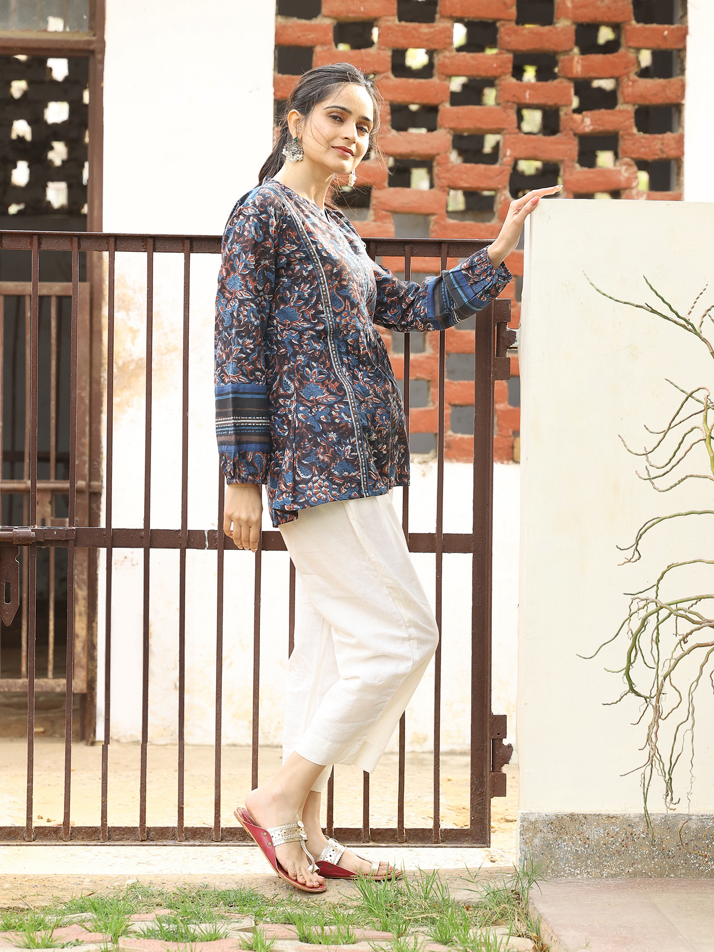 Blue Hand Block Dabu Printed Round Neck Cotton Top