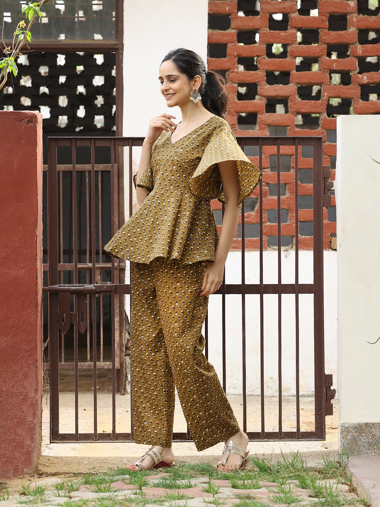 Yellow Handblocked Bagru Printed  Frilled Sleeve Cotton Co-ord Set