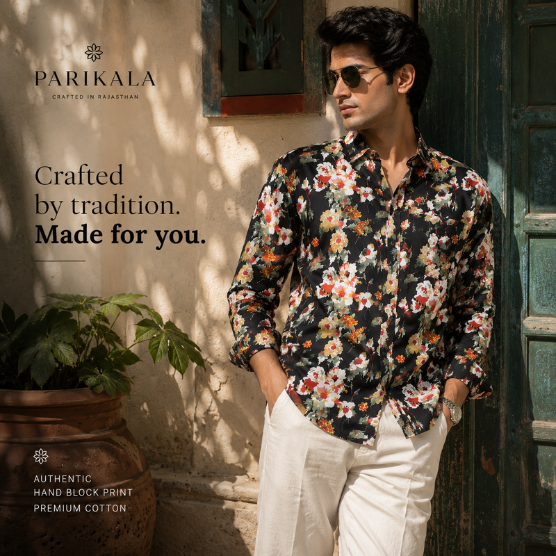 Full Sleeves Black Crepe Casual Printed Men's Shirt