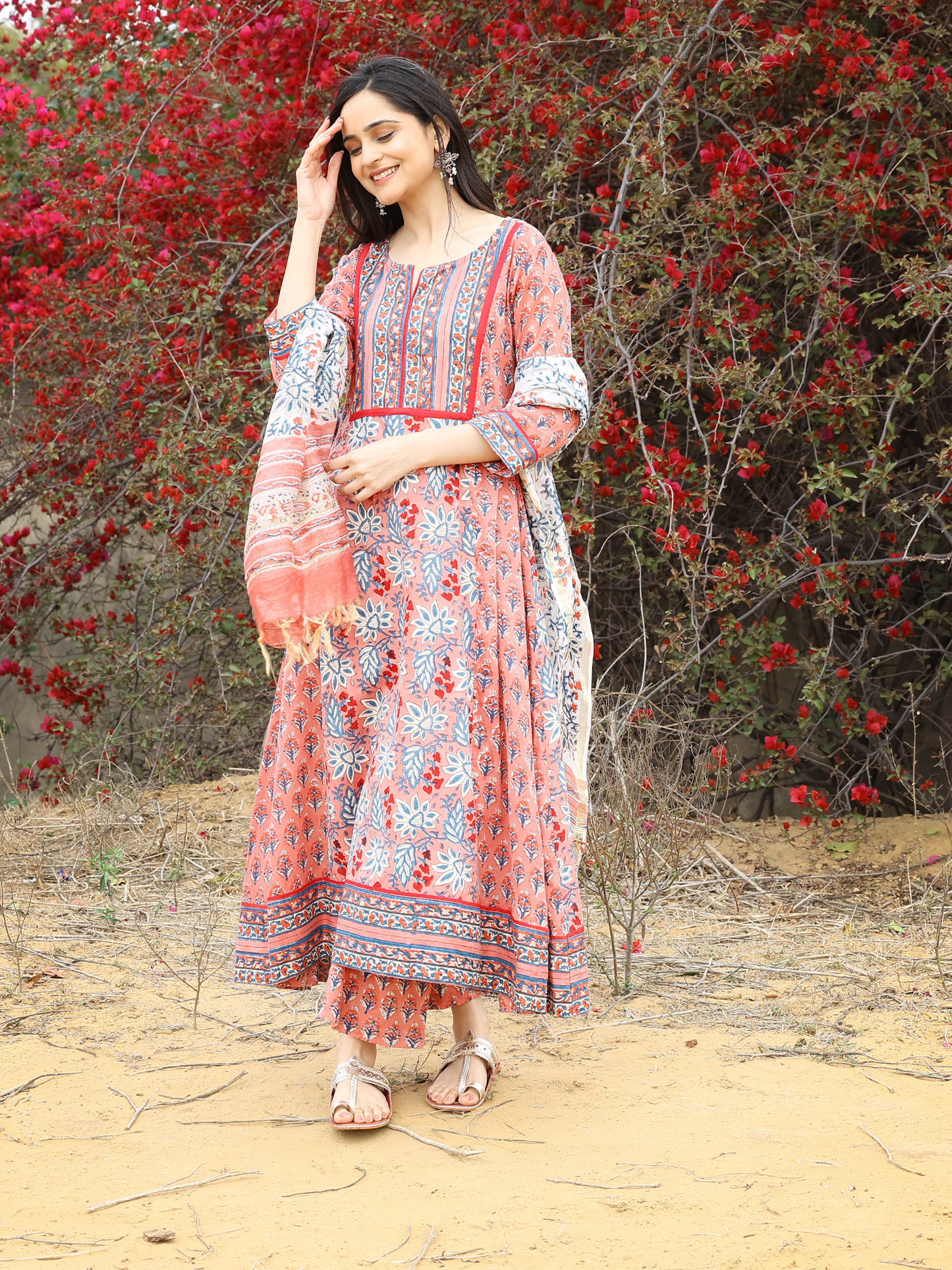 Pink Hand Block Printed Cotton Anarkali Kurta Set with Printed Pant & Chanderi Dupatta