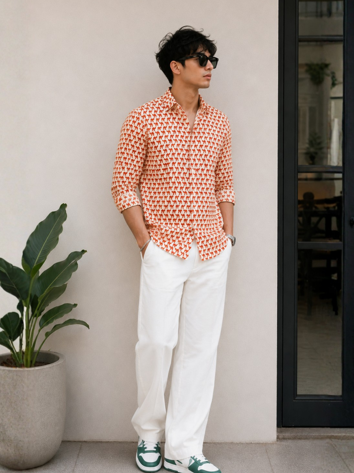 Full Sleeve Hand Block Camel Printed Mens Cotton Shirt (Red)