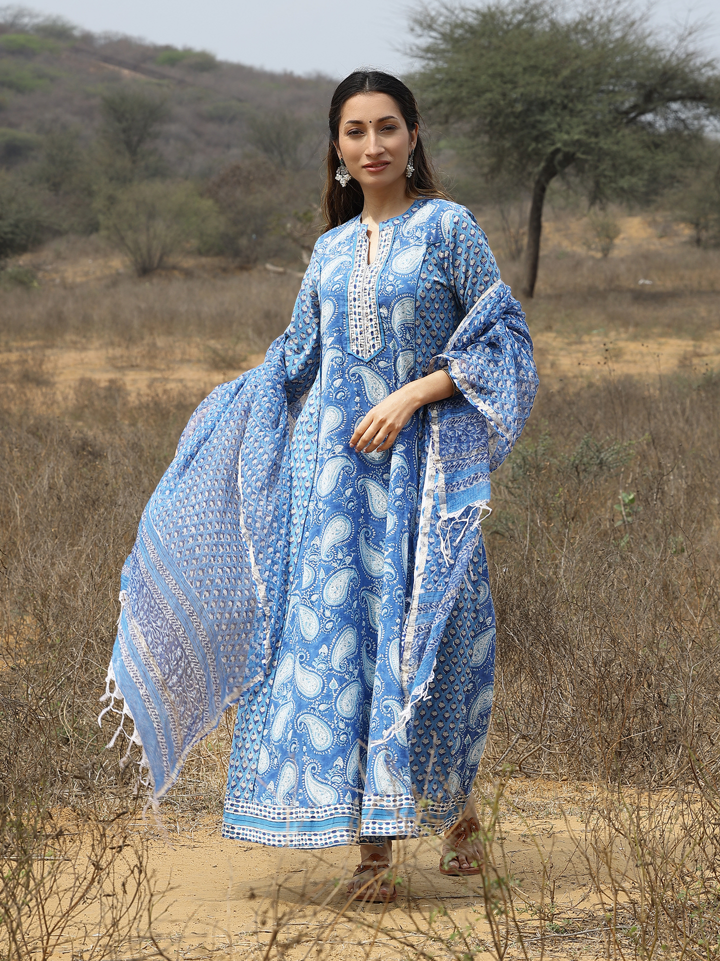 Blue Cotton Hand Block Printed Anarkali Kurta Set with Sequin Work & Kota Doriya Dupatta