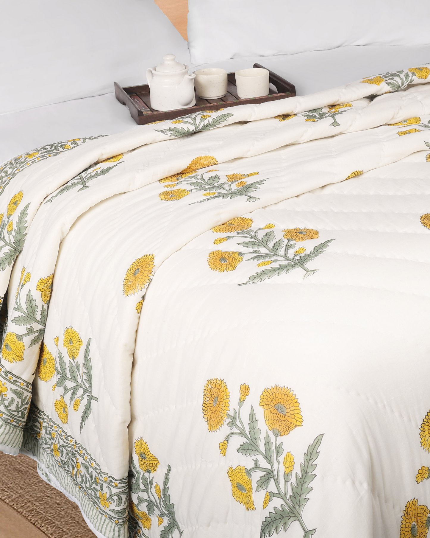 Hand Block Printed Reversible Double Bed Hand Quilting Quilt Set