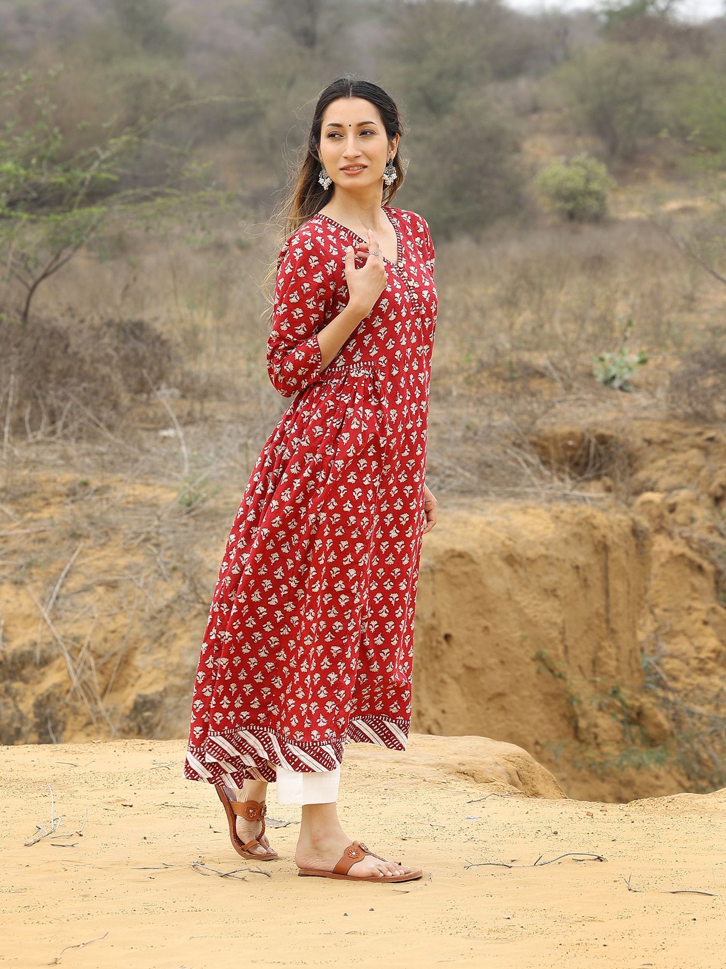 Red Handblocked Bagru Print Anarkali Kurta