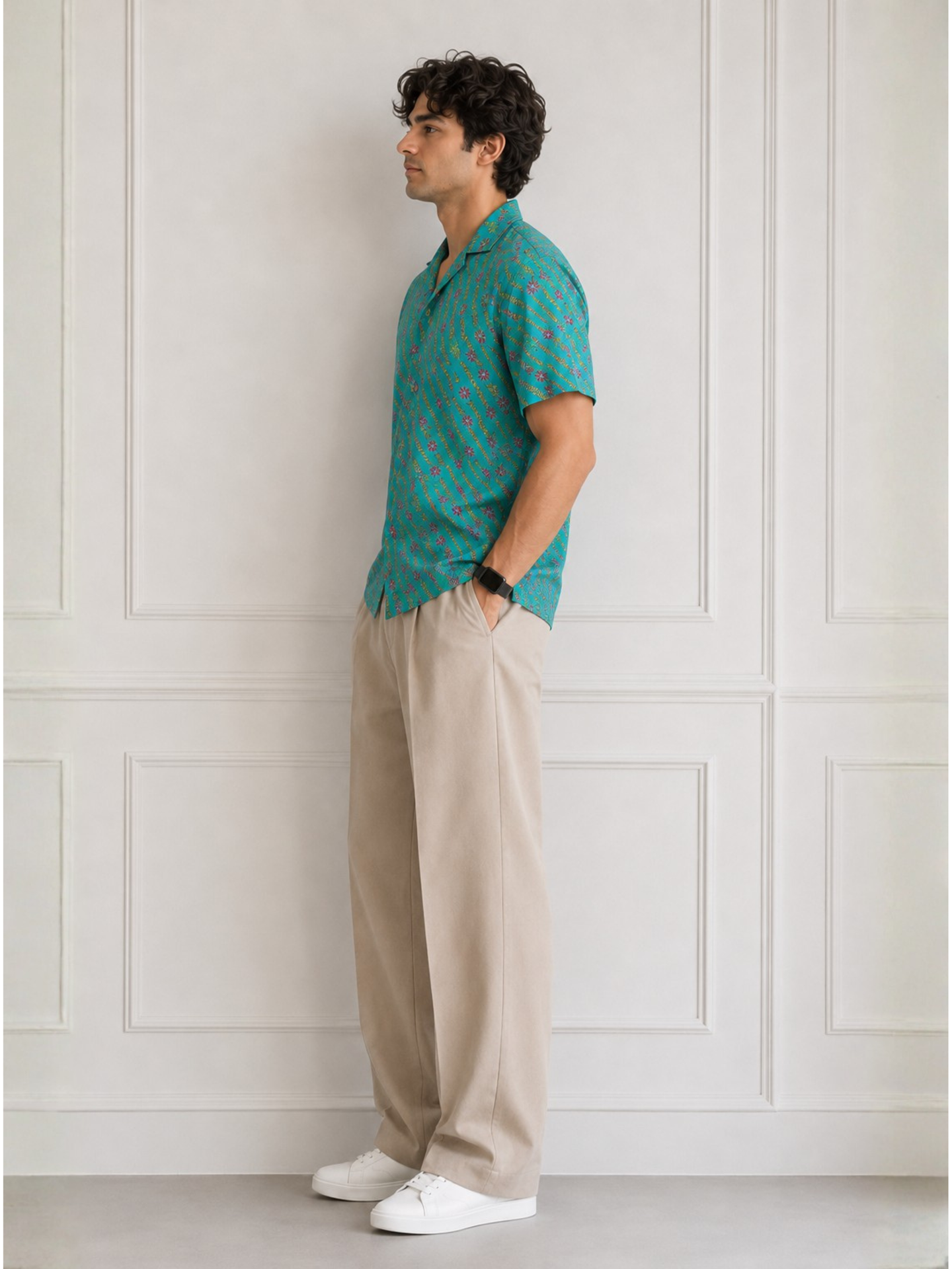 Aqua blue Short Sleeve Cotton Slim Hand Block Printed Men’s Shirt