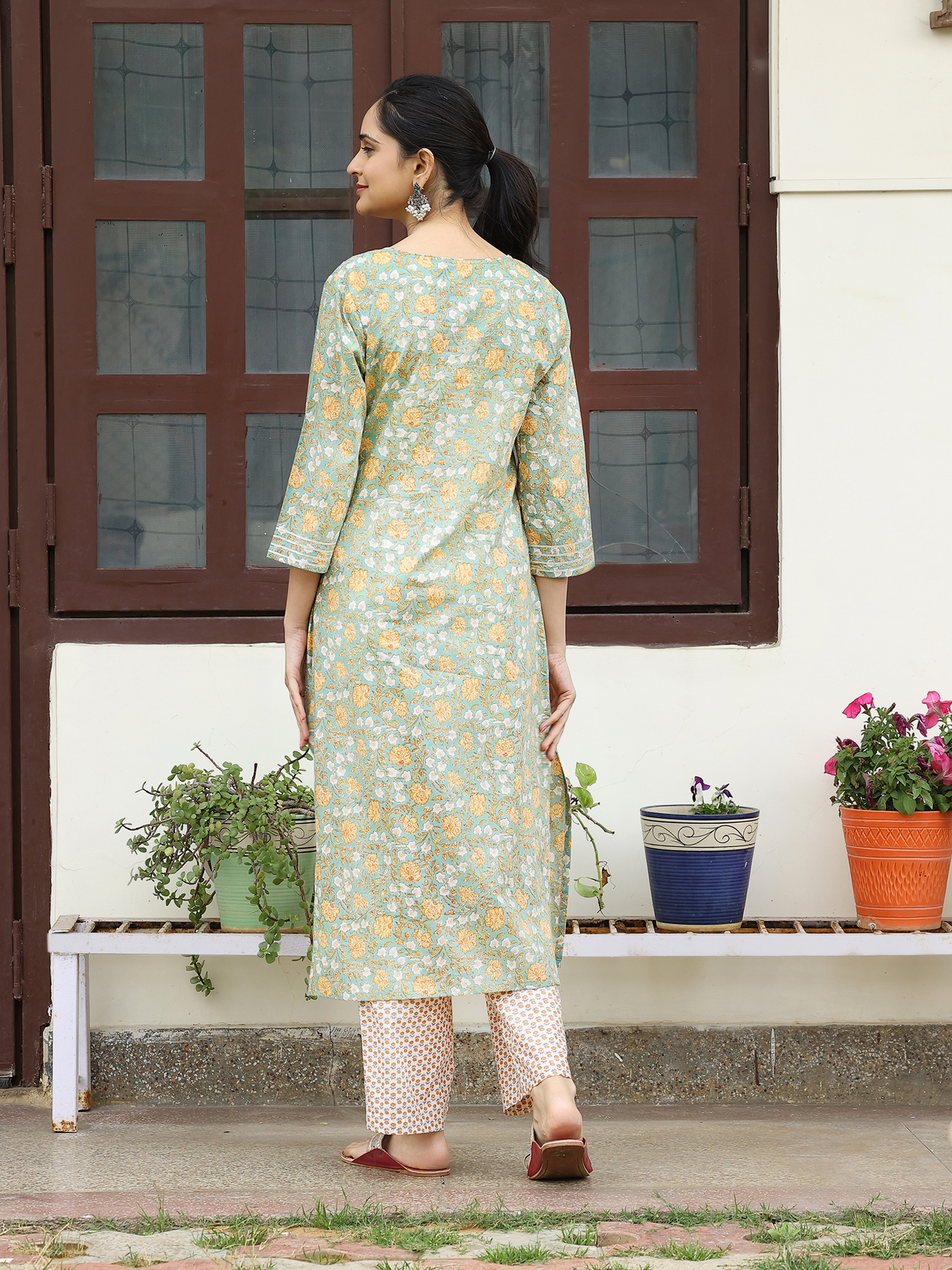 Light Green Hand Block Printed Straight Kurta Set with Thread Embroidery & Mirror Work