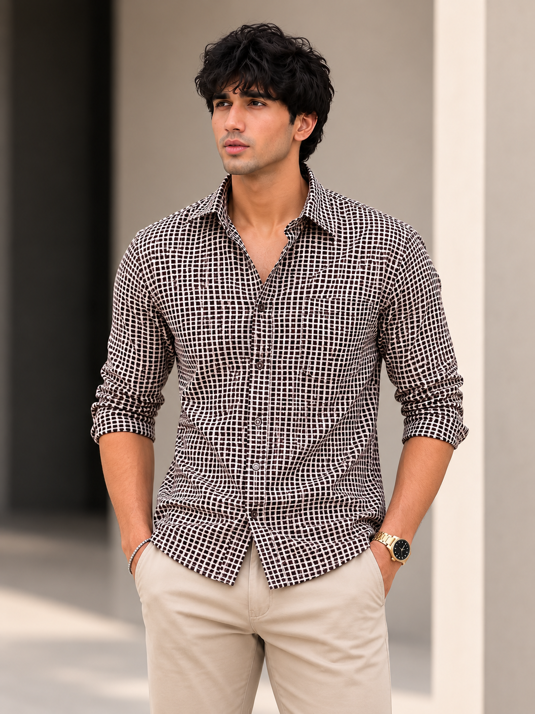 Full Sleeve Checkhered Printed Mens Cotton Shirt (Baige)