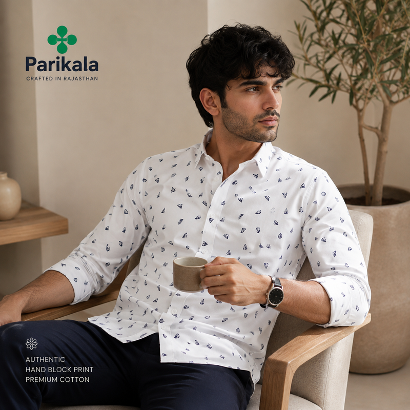 Full Sleeves White Crepe Casual Printed Men's Shirt