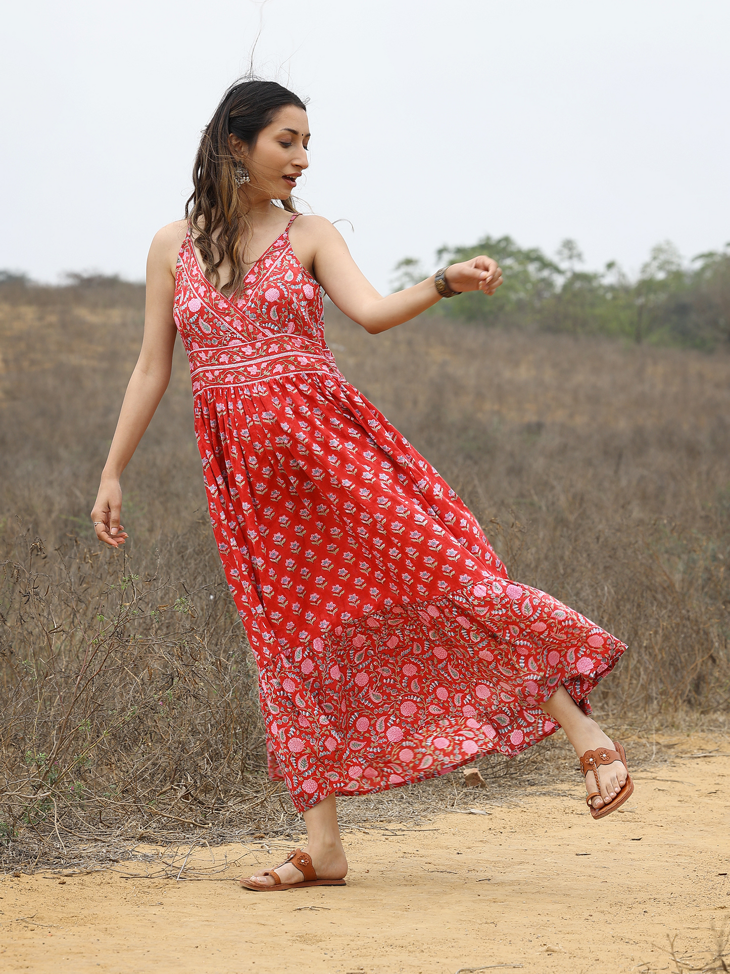 Red Kalamkari Printed Dress