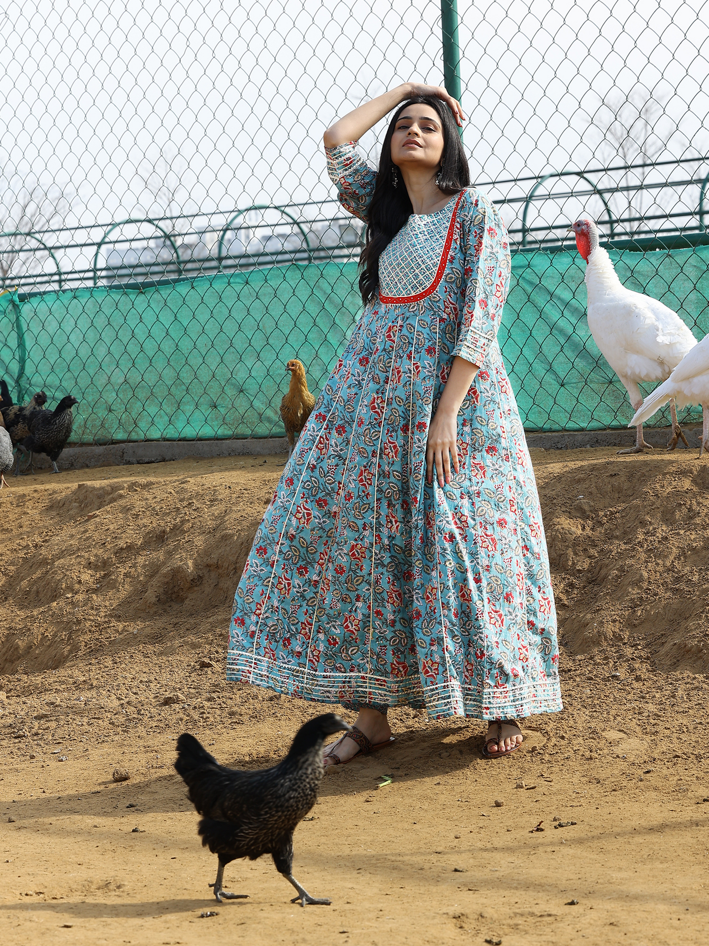 Light Blue Hand Block Cotton Printed Anarkali Kurta Set with Beads & Gotta Work with Chiffon dupatta