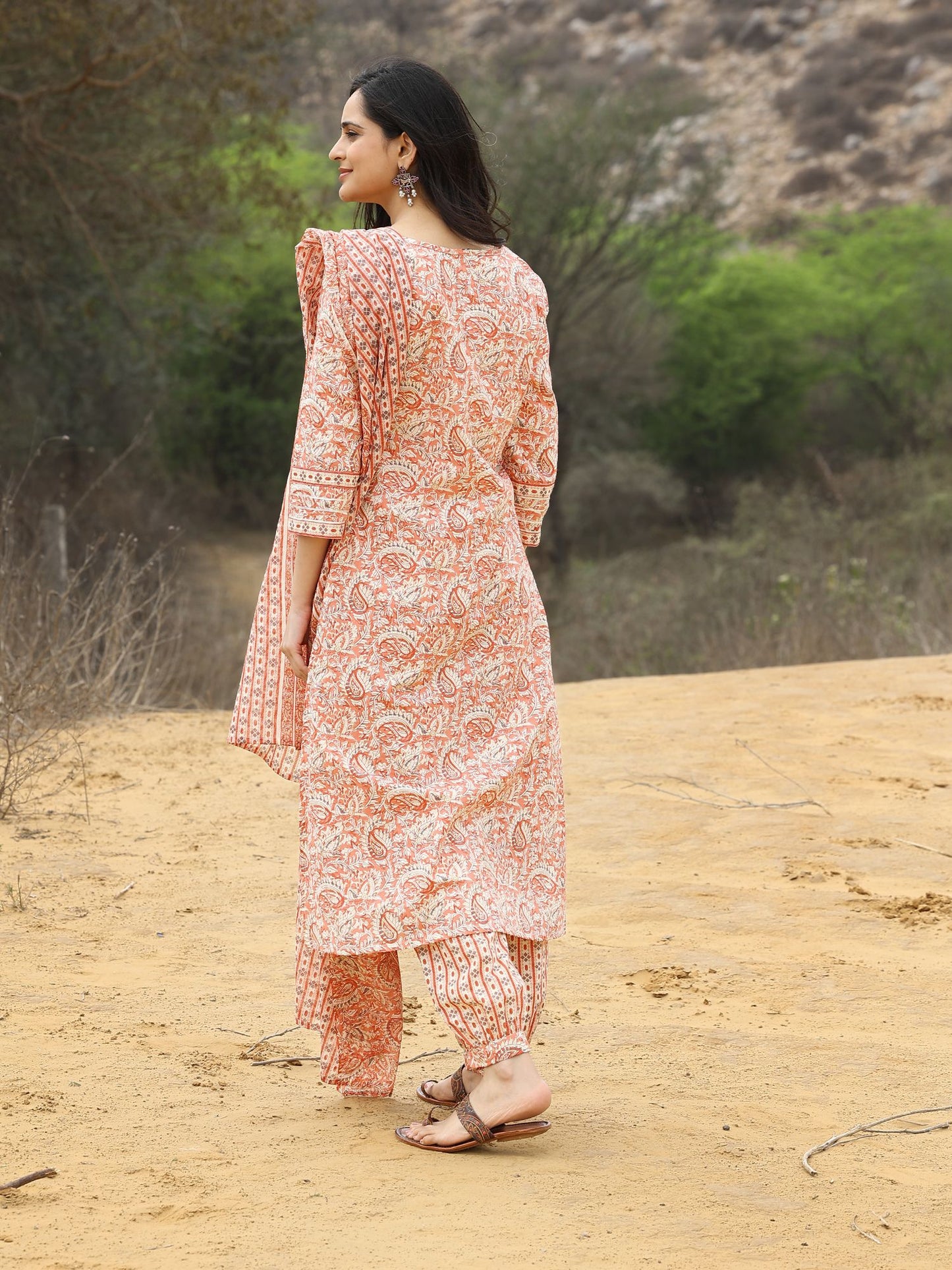 Summer Pastel Gold Print Kurta Set with Afghani Pant