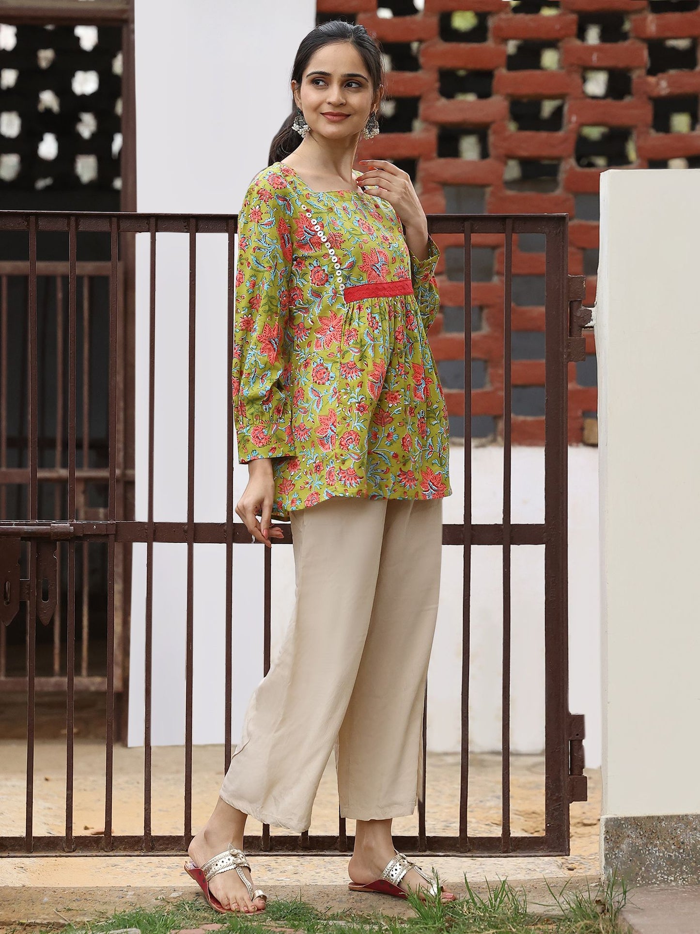 Light Green Cotton Handblocked Bagru Printed Top