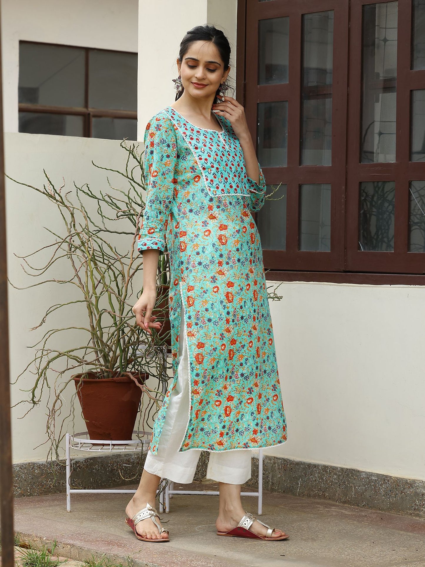 Blue Cotton Kurta with Mirror Embroidery at Yoke