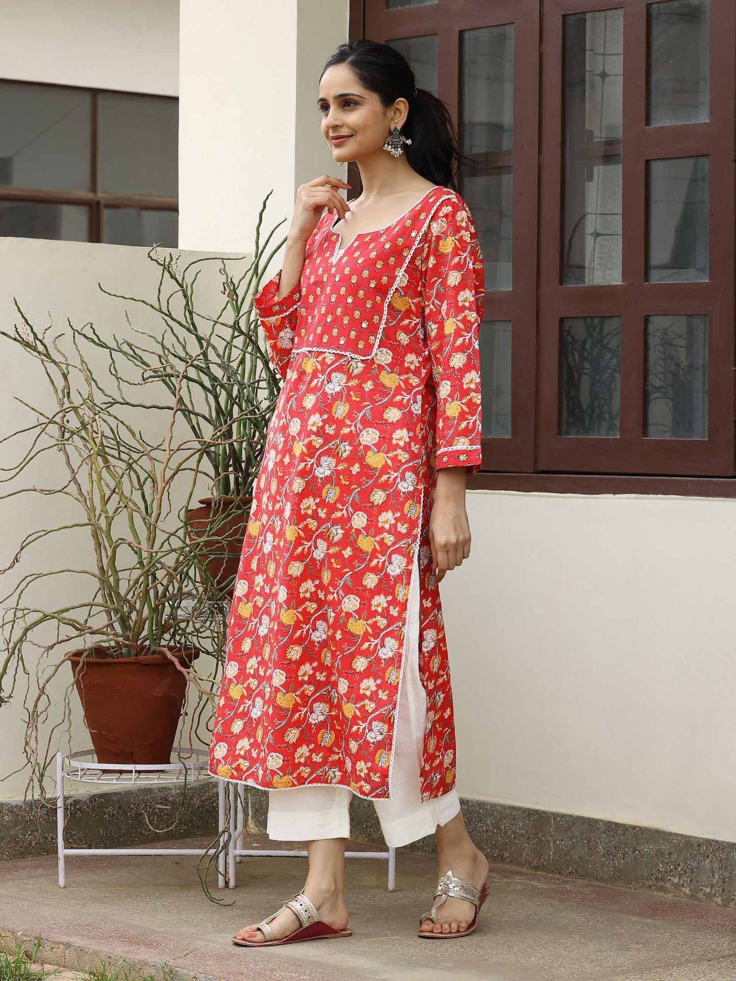 Red Cotton Kurta with Mirror Embroidery at Yoke